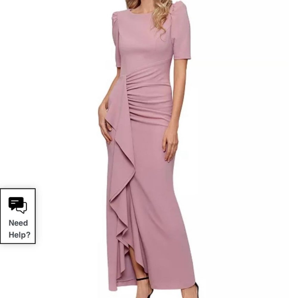 XSCAPE Short Sleeved Ruffled Rouched Waist Pink Mauve Dress - Size US 14